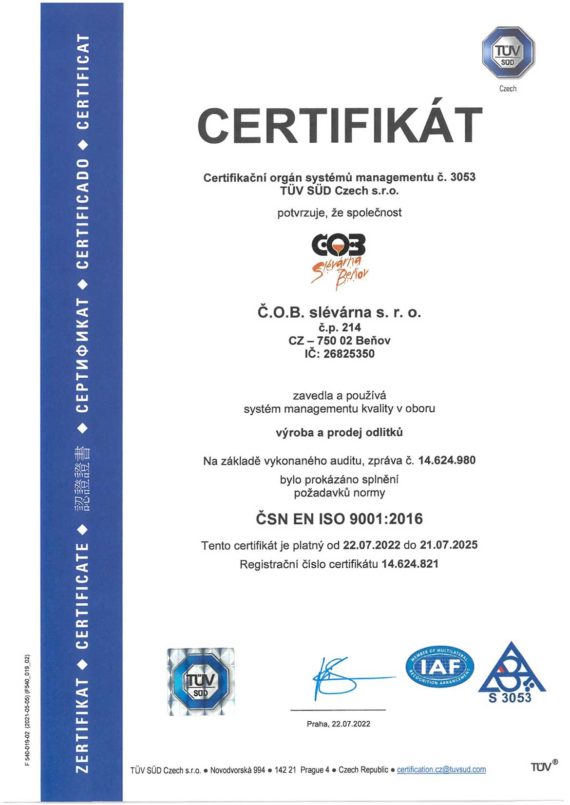Certifikát ISO 9001 - CZE